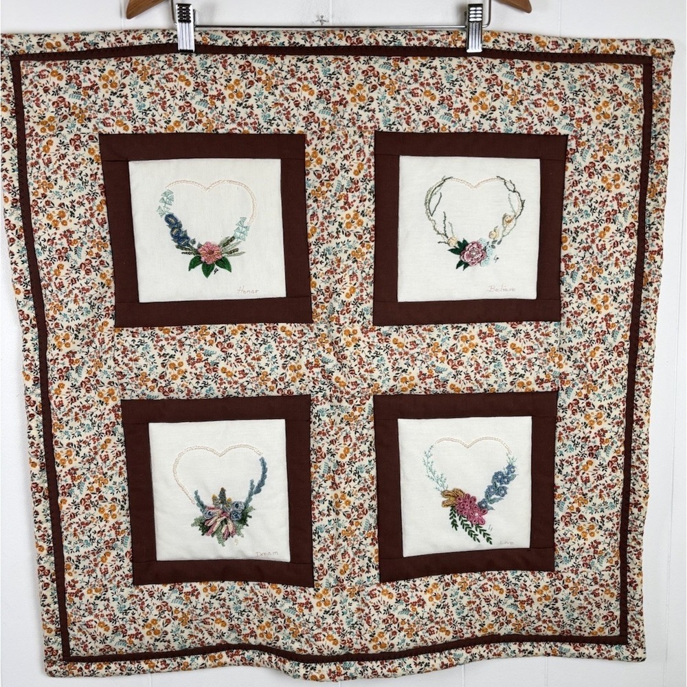 Vintage 70s Small Quilted & Embroidered Wall Hanging Hearts Brown Floral